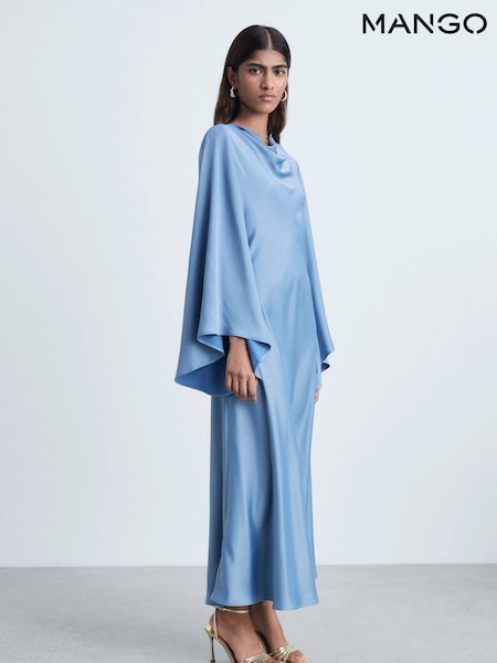 Mango Blue Satin Cape Sleeve Maxi Dress (AR2314) | £80