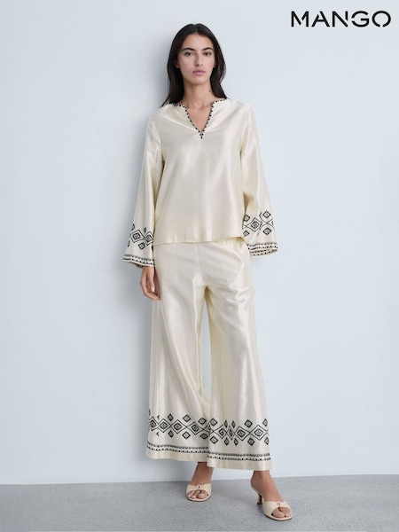Mango Cream Embroidered Wide Leg Satin Trousers (AR2317) | £56
