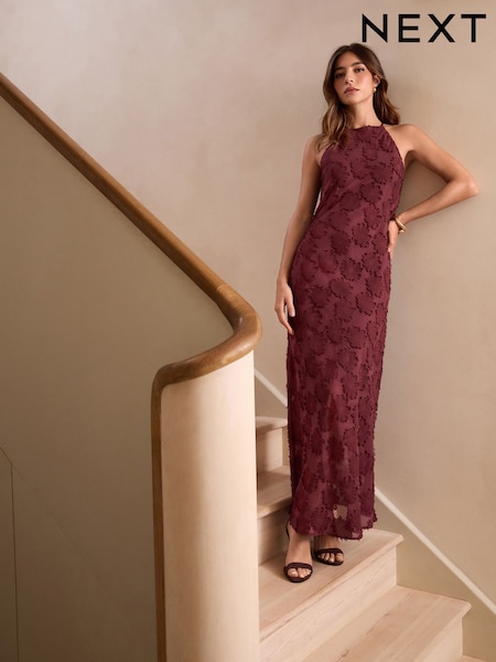 Burgundy Red Occasion Floral Textured Maxi Dress (AR2649) | £62