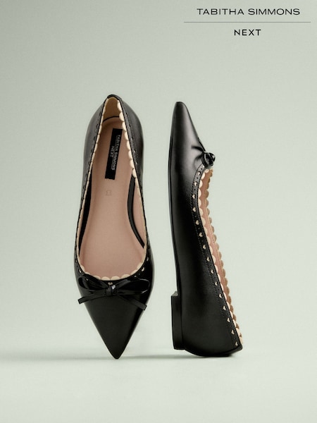 Black Tabitha Simmons x Next Emilia Leather Point Toe Bow Brogue Detail Ballerina (AR2656) | £99