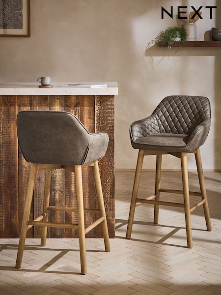 Monza Faux Leather Peppercorn Brown Hamilton Mid Wood Leg Fixed Height Quilted Kitchen Bar Stool (AR2796) | £180