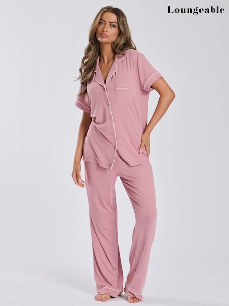 Loungeable Pink Rib Jersey Short Sleeve Traditional And Long Pyjamas (AR2976) | £32
