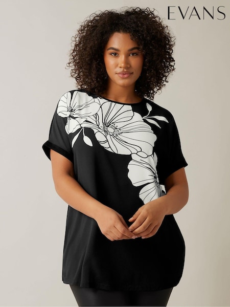 Evans Curve Contrast Floral Print Black T-Shirt (AR2998) | £32