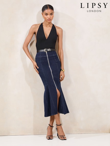 Lipsy Dark Wash Blue Petite Fishtail Zip Front Midi Skirt (AR3011) | £46