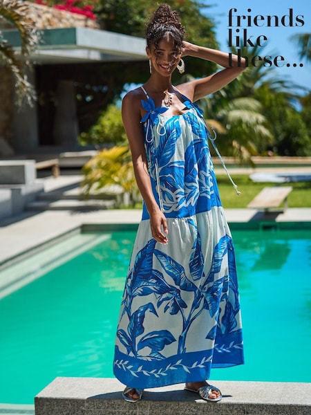 Friends Like These Blue 100% Cotton Flower Applique Tiered Maxi Dress (AR3017) | £48