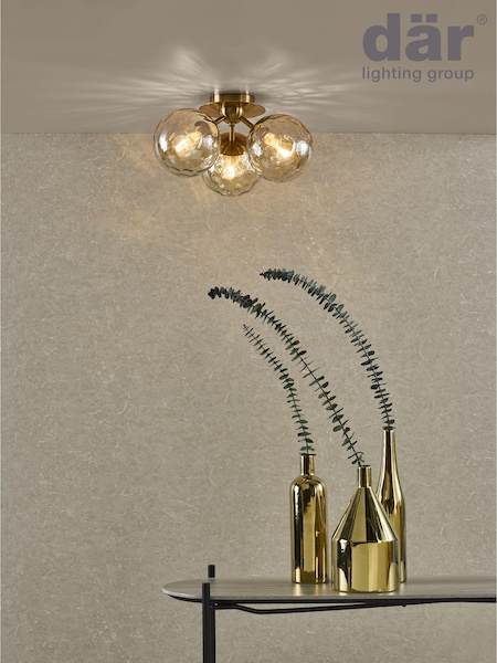 Dar Lighting Antique Bronze Amber Glass Ulrika 3 Light Flush Ceiling Light (AR3104) | £100