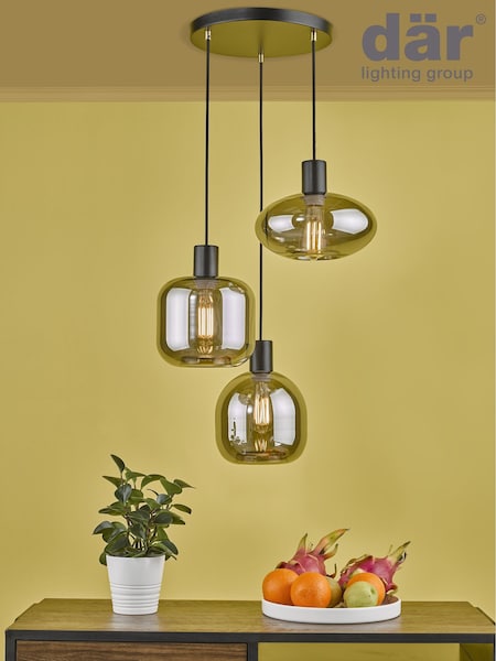 Dar Lighting Smoked Glass Satin Black Aiden 3 Light Cluster Pendant Ceiling Light (AR3140) | £199