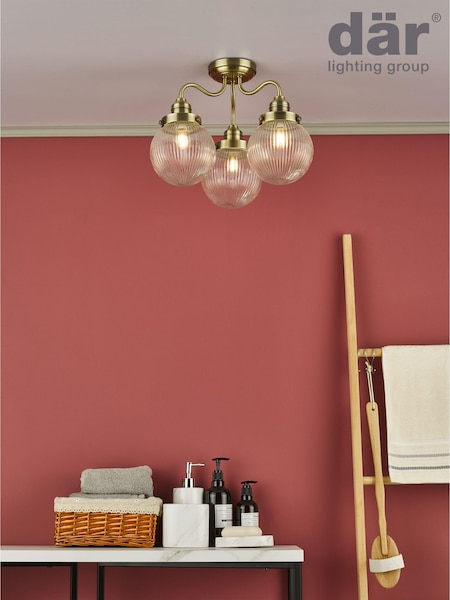 Dar Lighting Antique Brass Ribbed Glass Tamara 3 Light Semi Flush Ceiling Light (AR3146) | £135