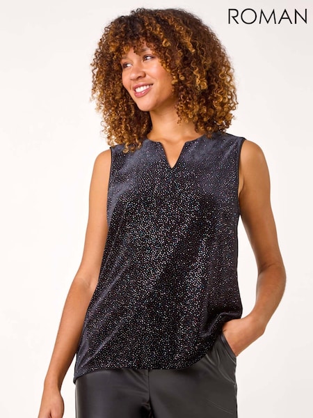 Roman Black Velvet Glitter V-Neck Stretch Top (AR3584) | £42