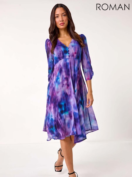 Roman Purple Abstract Print Asymetric Midi Dress (AR3587) | £65