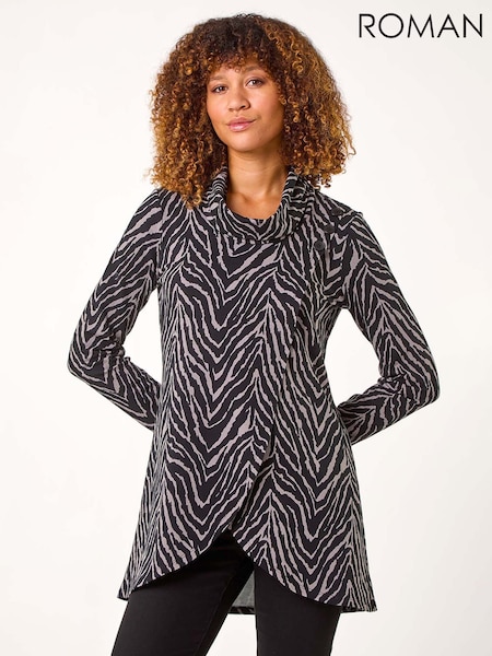 Roman Grey Animal Print Cowl Neck Tunic Top (AR3597) | £42