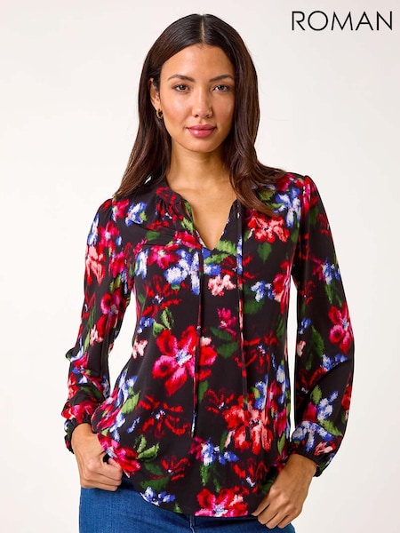 Roman Red Floral Print Tie Neck Stretch Top (AR3605) | £40