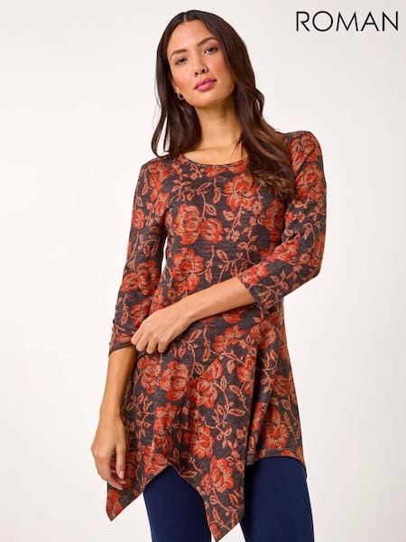 Roman Orange Floral Print Hanky Hem Tunic Top (AR3614) | £36