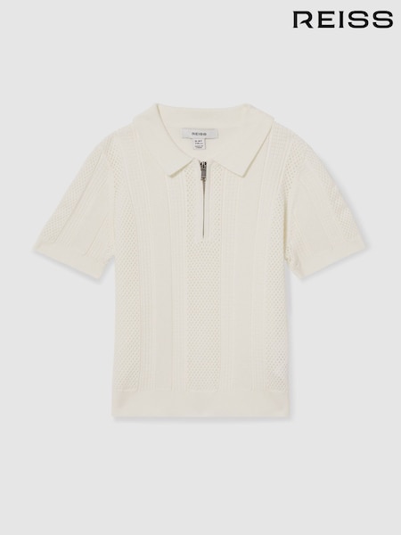 Reiss Optic White Texas Textured Knit Half Zip Polo Shirt (AR3833) | £44