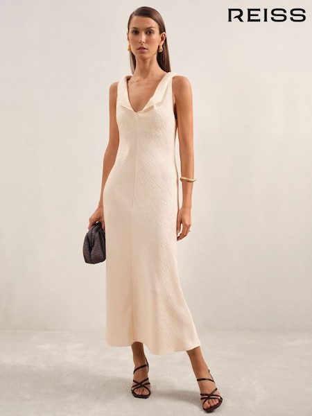 Reiss Cream Kiera Textured Drape-Neck Midi Dress (AR3834) | £230