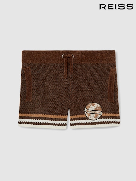 Reiss Brown/Taupe Brown/White Pete 13-14 yrs Chenille Airlines Embroidery Shorts (AR3867) | £44