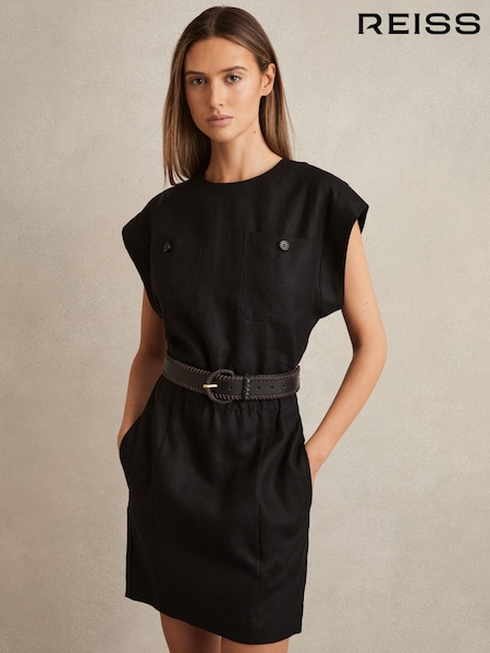 Reiss Black Karly Linen Short Sleeve Mini Dress (AR3927) | £158