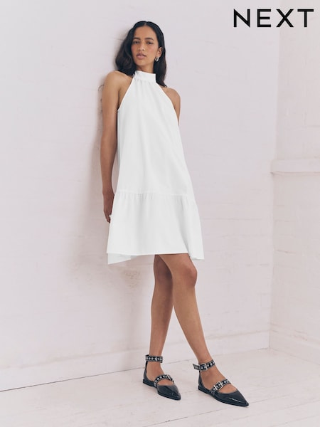 White 100% Cotton Halter Tie Neck Sleeveless Tiered Mini Dress (AR4055) | £35