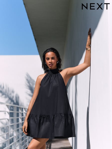 Black 100% Cotton Halter Tie Neck Sleeveless Tiered Mini Dress (AR4056) | £35