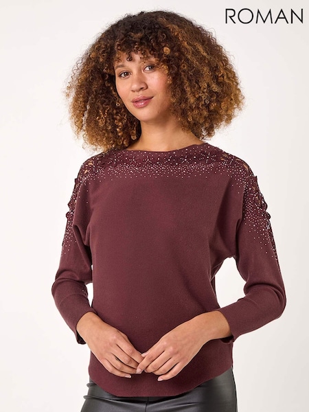 Roman Red Curve Contrast Embellished Knit Jumper (AR4554) | £42