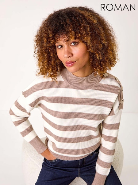 Roman Brown Button Shoulder Detail Stripe Knit Jumper (AR4587) | £42