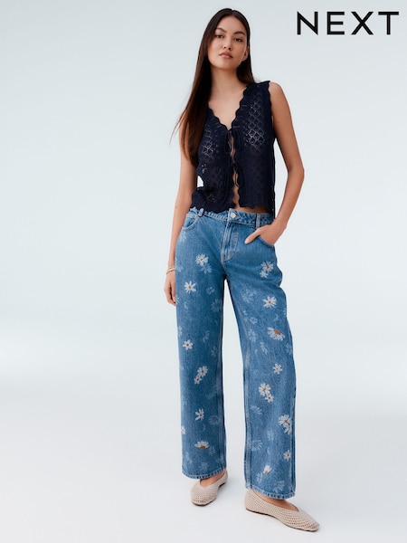 Mid Blue Daisy Embroidered Wide Leg 100% Cotton Jeans (AR4695) | £52