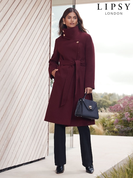 Lipsy Berry Red Asymmetrical Funnel Neck Belted Coat (AR4828) | £95