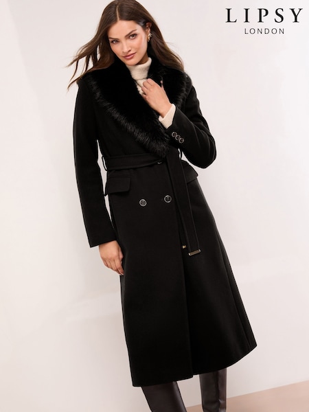 Lipsy Black Faux Fur Shawl Collar Longline Coat (AR4841) | £99