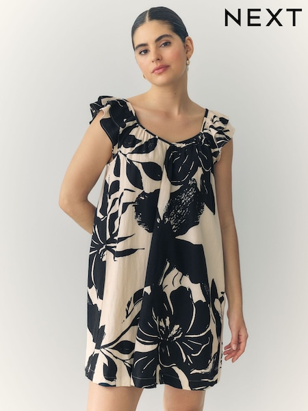 Mono Floral V-Neck Ruffle Sleeve Mini Dress with Linen (AR4858) | £30
