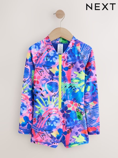 Blue Graffiti Long Sleeved Shortie Swimsuit (3-16yrs) (AR4948) | £18 - £23