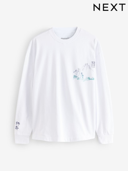 White Hokusai Long Sleeve Heavyweight 100% Cotton Graphic T-Shirt (AR6242) | £26