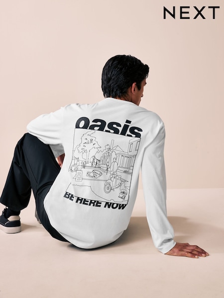 White 100% Cotton Oasis Long Sleeve Graphic Band T-Shirt (AR6243) | £26