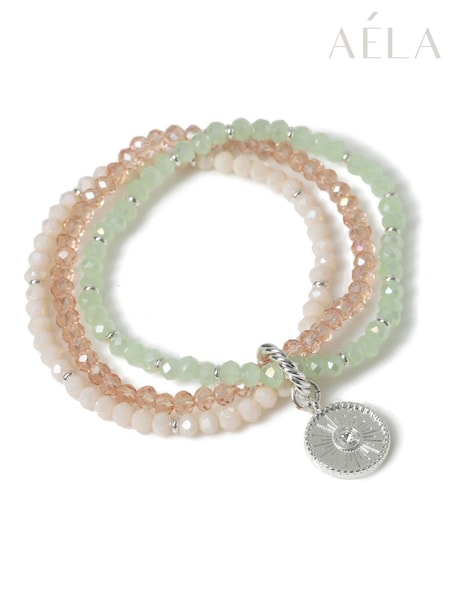 Aela Green Pastel Beaded Stretch Multirow Bracelet (AR6369) | £12.50