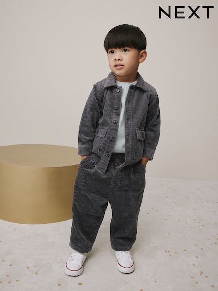 Charcoal Grey Textured Corduroy Shacket T-Shirt & Trousers Set (3mths-7yrs) (AR6447) | £30 - £34