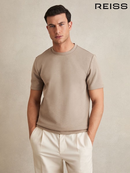 Reiss Taupe Brown Bradley Interlock Jersey Crew Neck T-Shirt (AR6495) | £68