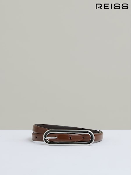 Reiss Tan Chaya Thin Leather Elongated Buckle Belt (AR6525) | £48