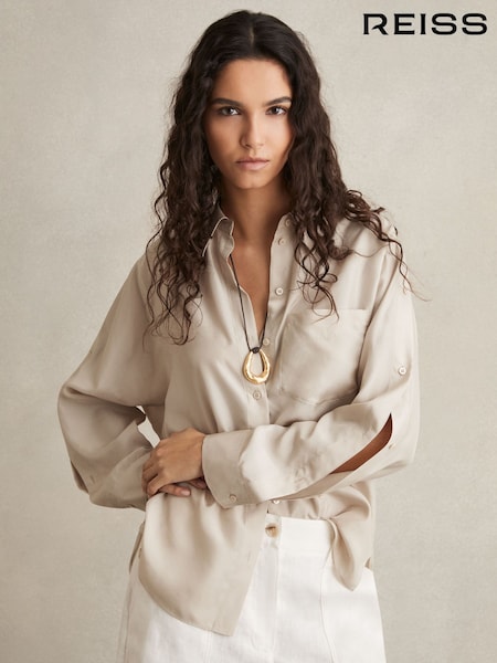 Reiss Stone Reenie Silk Button Sleeve Shirt (AR6543) | £198