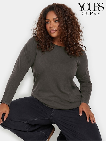 Yours Curve Grey Acid Wash Long Sleeve 100% Cotton T-Shirt (AR6586) | £20