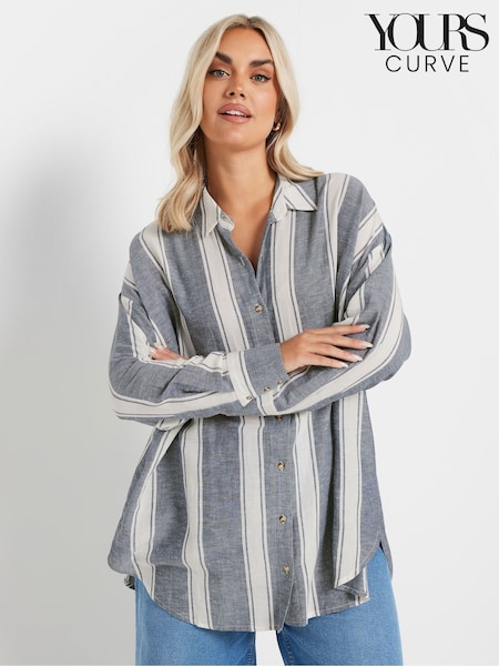 Yours Curve Blue Long Sleeve Striped Linen Shirt (AR6601) | £31