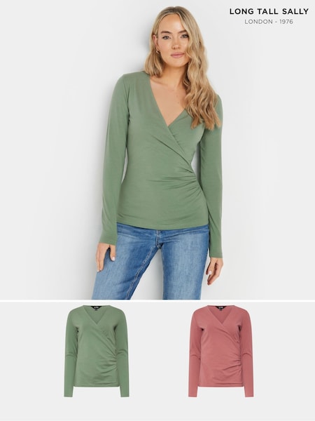 Long Tall Sally Green Long Sleeve Wrap Top 2 Pack (AR6612) | £36