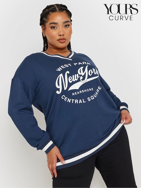 Yours Curve Navy Blue New York Slogan Varsity Sweatshirt (AR6620) | £29
