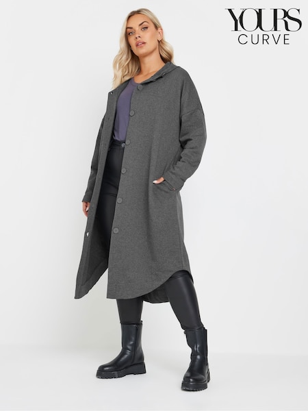 Yours Curve Grey Button Through Hooded Jacket (AR6622) | £39