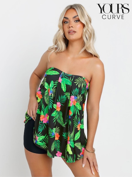 Yours Curve Black Hawaii Pleated A-Line Tankini (AR6632) | £30