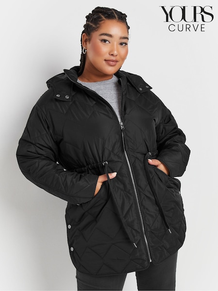 Yours Curve Black Lightweight Zig Zag Quilted Midi Jacket (AR6644) | £61