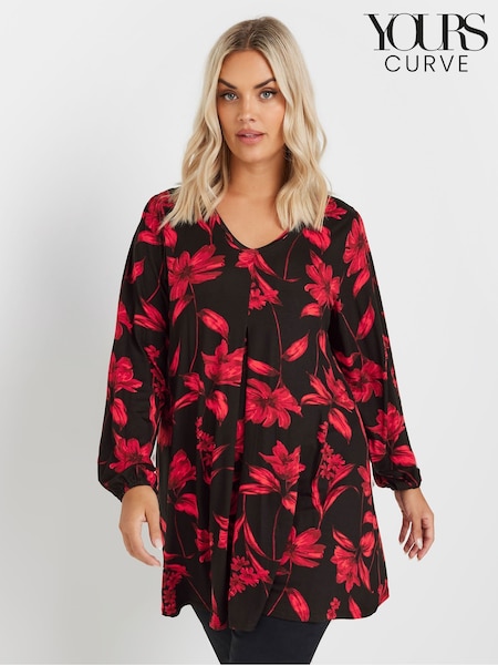 Yours Curve Black/Red Floral Print Pleat Front Top (AR6650) | £29