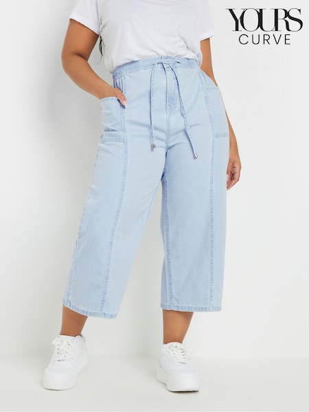 Yours Curve Blue Tie Waist Cropped 100% Cotton Trousers (AR6692) | £34