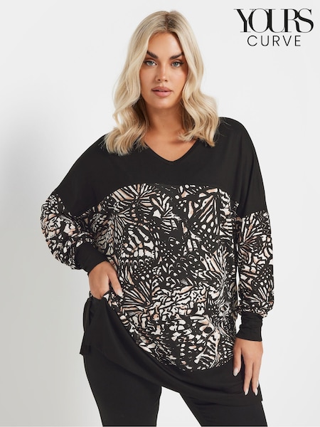 Yours Curve Black Butterfly Print Colourblock Top (AR6693) | £27