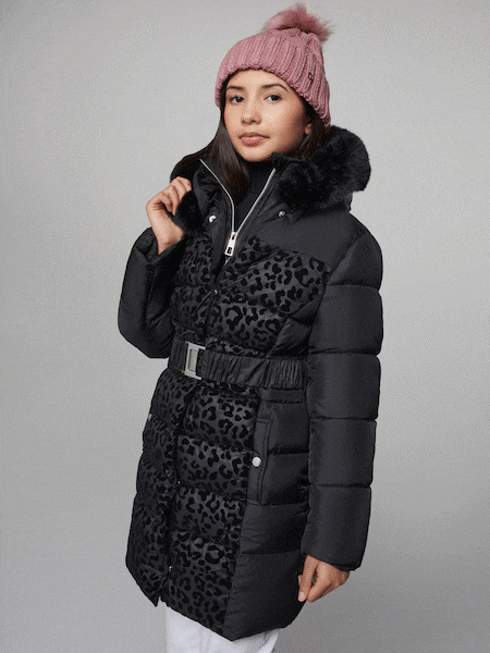 Lipsy Black Midweight Leopard Print Belted Puffer Coat (5-16yrs) (AR6790) | £65 - £73