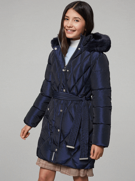 Lipsy Navy Shower Resistant Midweight Metallic Belted Puffer Coat (5-16yrs) (AR6793) | £62 - £70
