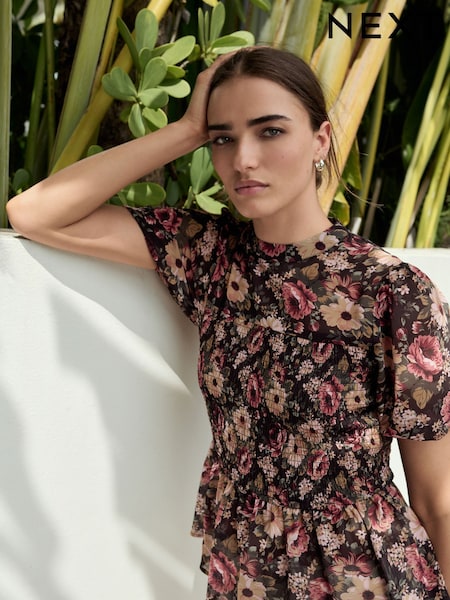 Pink/Brown Floral Print Sheer Short Sleeve Smock Top (AR6872) | £32